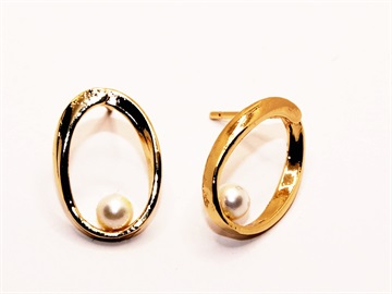 Øreringe - stilrene ovale forgyldte ørestikker med lille hvid shell perle 